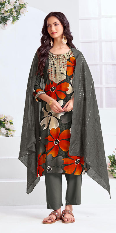 BulBul Roli floral Printed Grey Rayon Salwar Suit