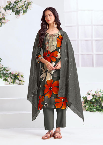 Roli Floral Printed Grey Salwar Suit with Handcrafted Zari & Mirror Embroidered Neckline in Viscose