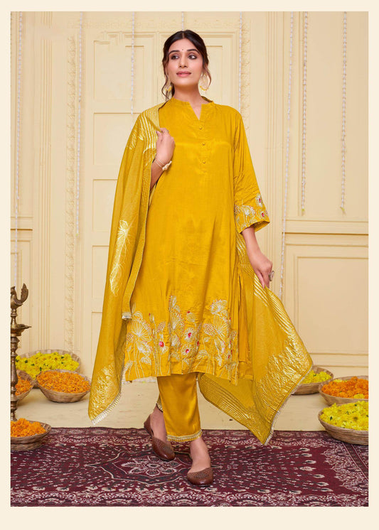 Kuhu Mustard Viscose Kurta Set with Dupatta - BulBul