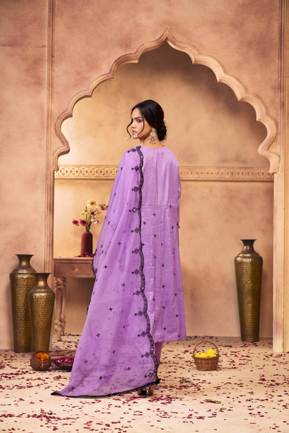 Ruqaiya Purple Angrakha Style Hand Thread Embroidered Suit Set with Mirror Detailing in Pure Muslin with Pure Cotton Mul Lining