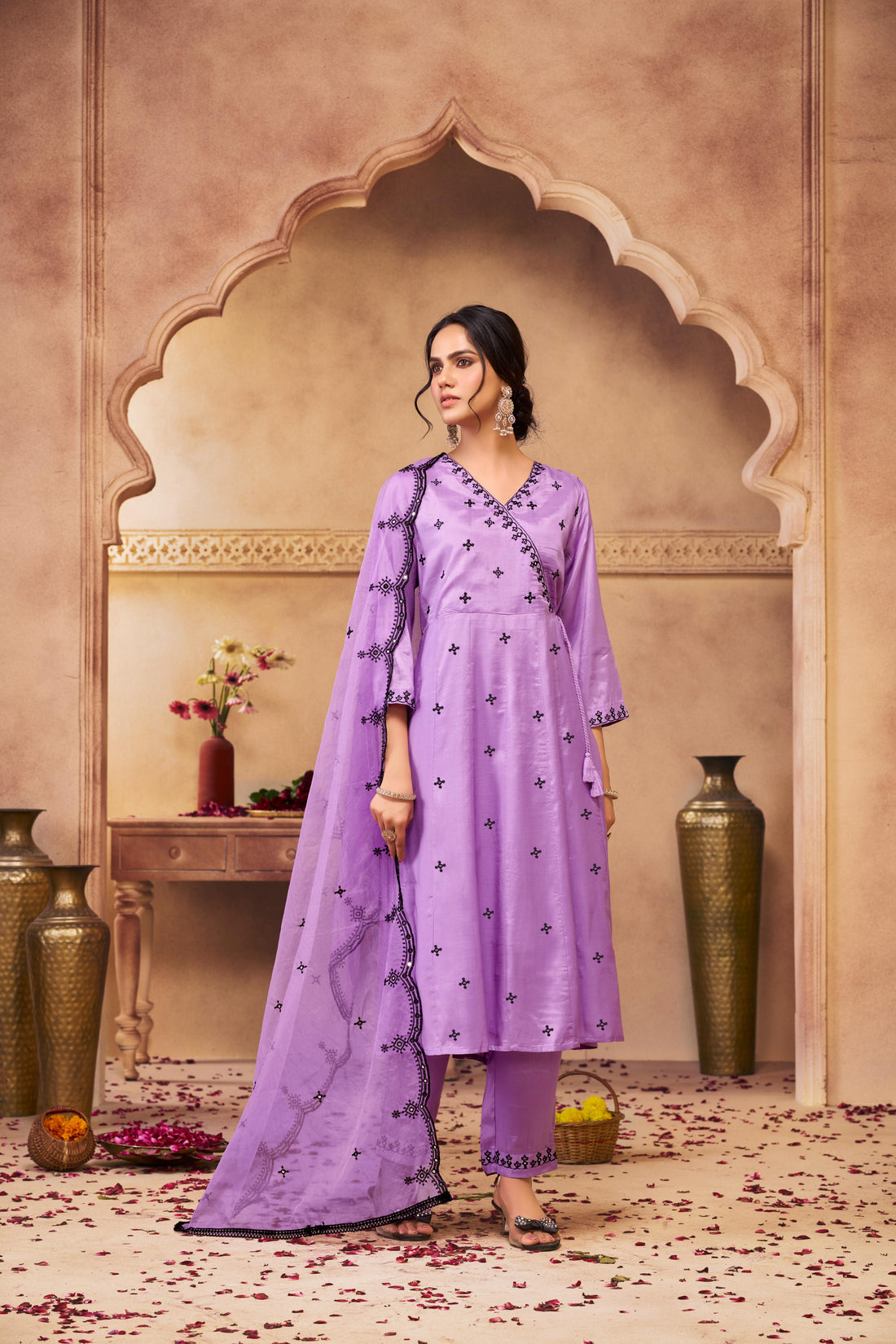 Ruqaiya Purple Angrakha Style Hand Thread Embroidered Suit Set with Mirror Detailing in Pure Muslin with Pure Cotton Mul Lining