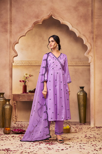 Ruqaiya Purple Angrakha Style Hand Thread Embroidered Suit Set with Mirror Detailing in Pure Muslin with Pure Cotton Mul Lining