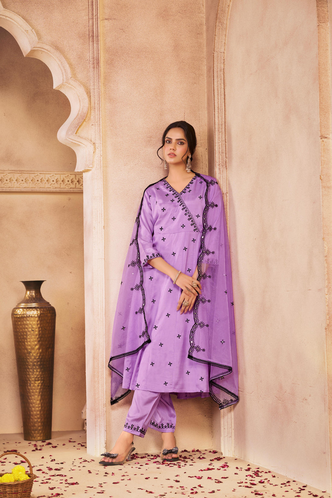 Ruqaiya Purple Angrakha Style Hand Thread Embroidered Suit Set with Mirror Detailing in Pure Muslin with Pure Cotton Mul Lining