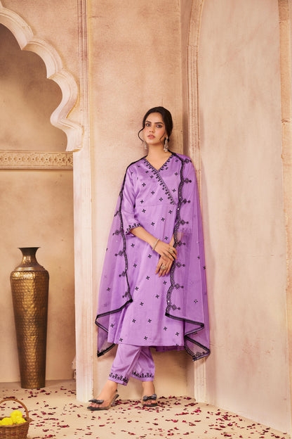 Ruqaiya Purple Angrakha Style Hand Thread Embroidered Suit Set with Mirror Detailing in Pure Muslin with Pure Cotton Mul Lining