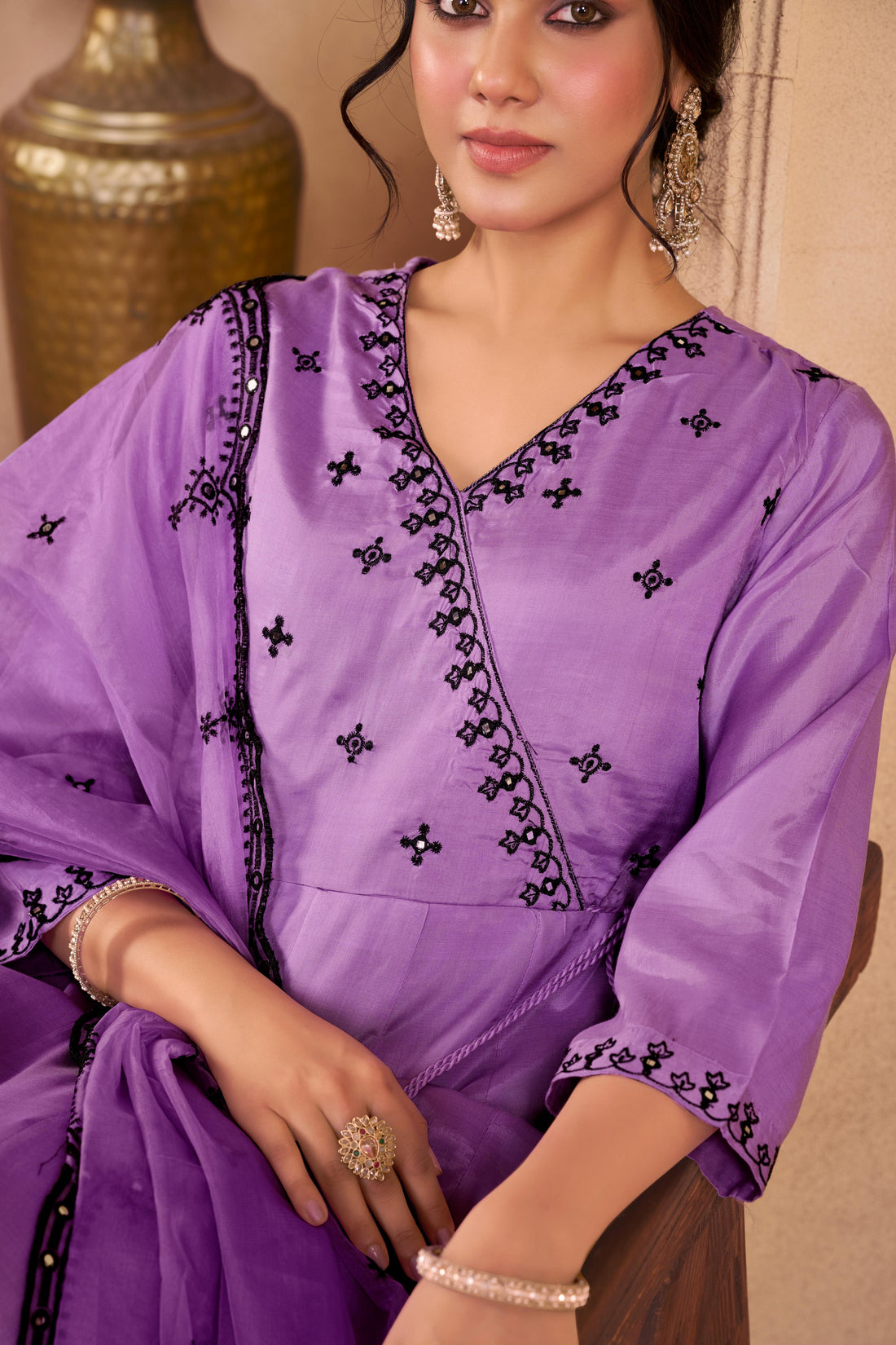 Ruqaiya Purple Angrakha Style Hand Thread Embroidered Suit Set with Mirror Detailing in Pure Muslin with Pure Cotton Mul Lining