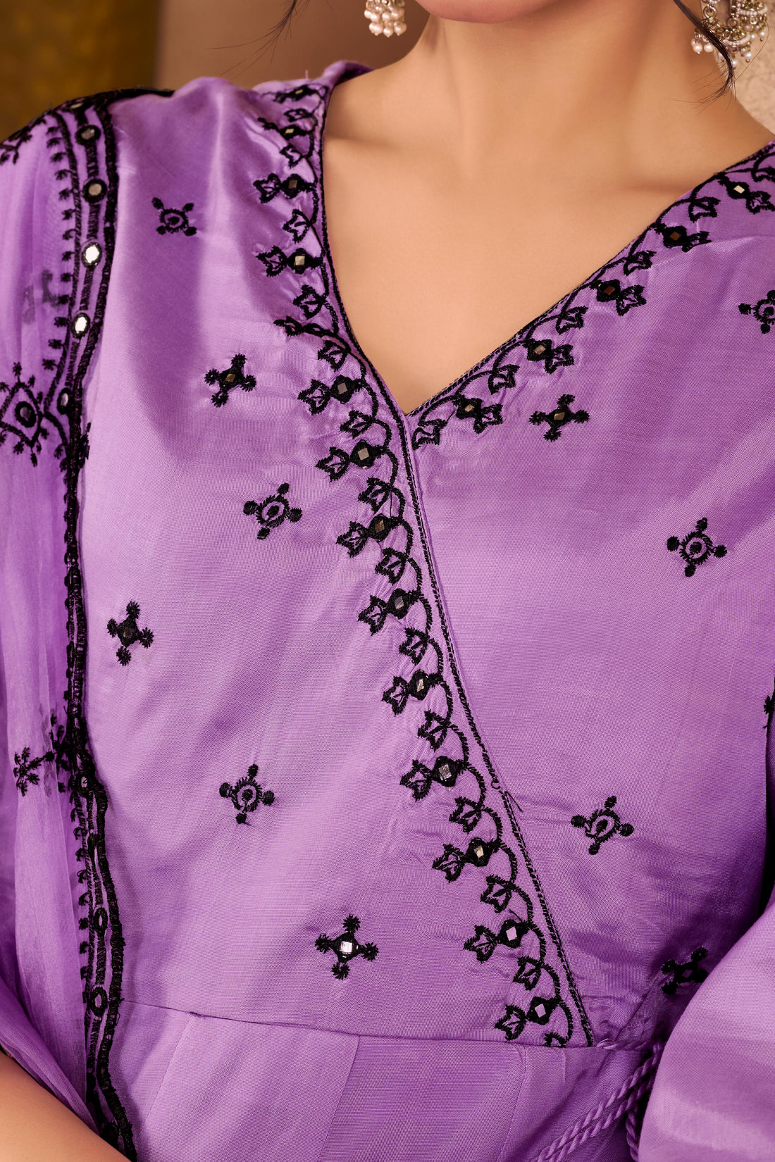 Ruqaiya Purple Angrakha Style Hand Thread Embroidered Suit Set with Mirror Detailing in Pure Muslin with Pure Cotton Mul Lining