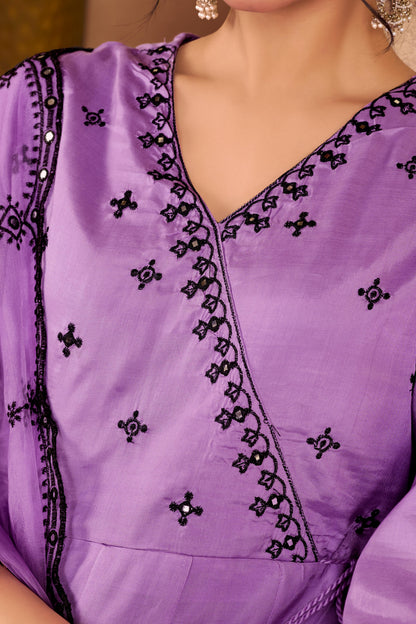 Ruqaiya Purple Angrakha Style Hand Thread Embroidered Suit Set with Mirror Detailing in Pure Muslin with Pure Cotton Mul Lining