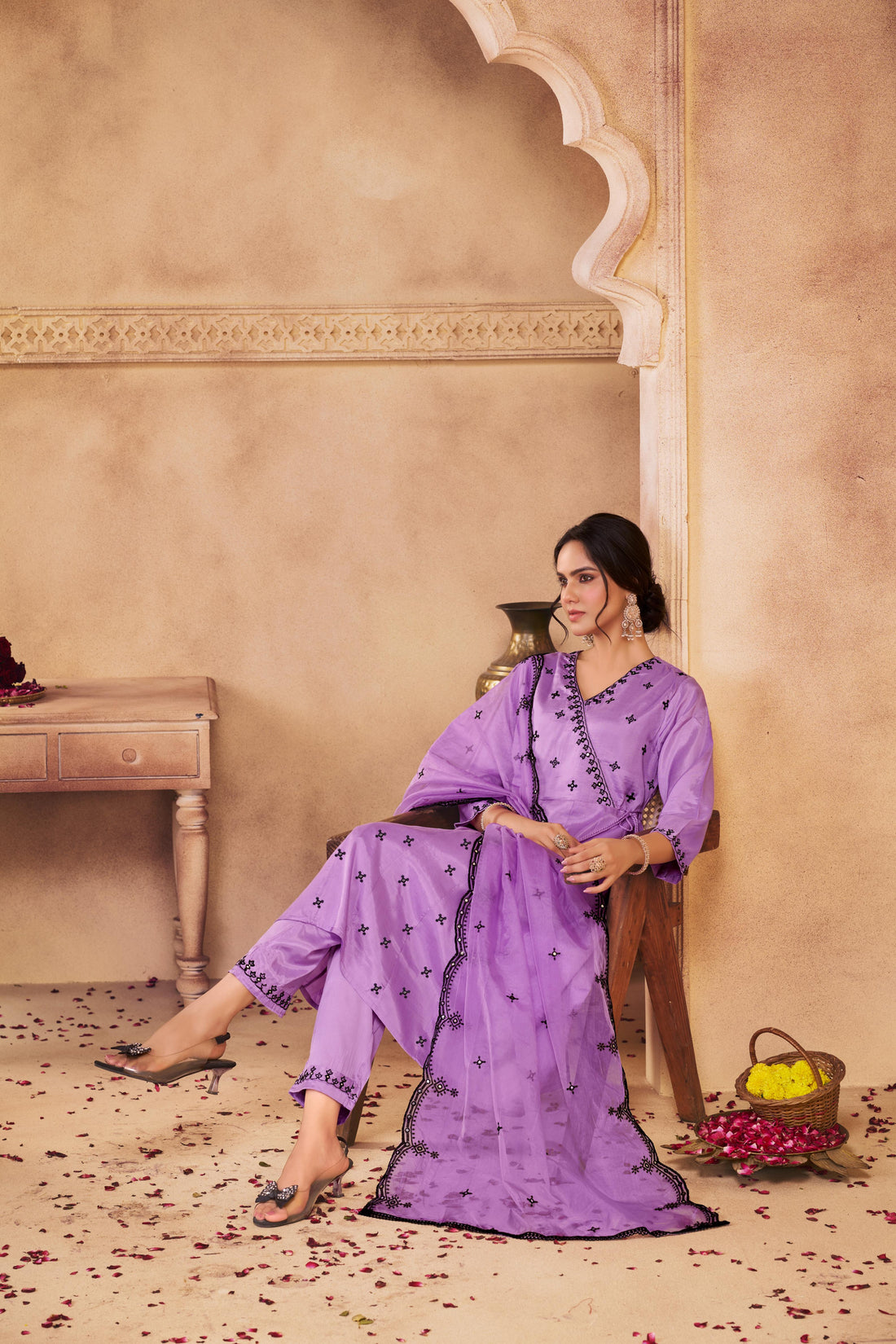 Ruqaiya Purple Angrakha Style Hand Thread Embroidered Suit Set with Mirror Detailing in Pure Muslin with Pure Cotton Mul Lining