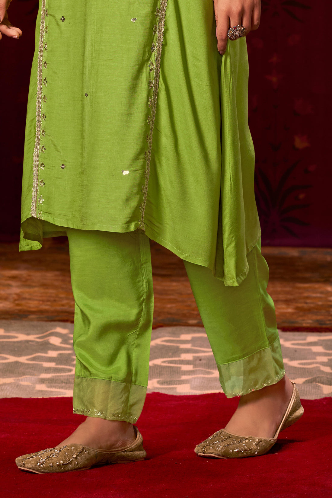 Nafisa Green Hand-Embellished Sequin & Glass Bugle Bead Work Suit Set with Jacquard Dupatta in Pure Muslin with Soft Cotton Mul Lining