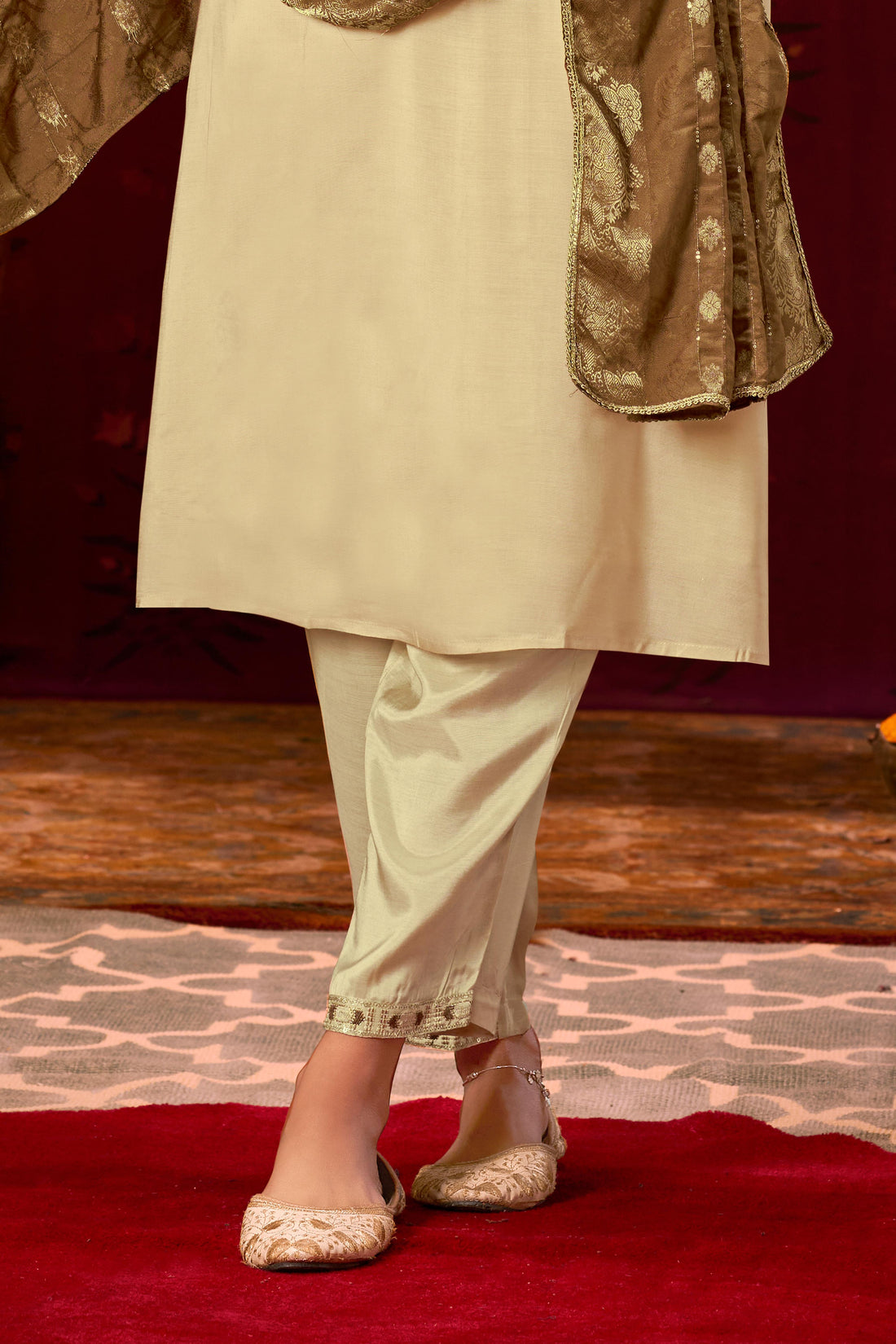 Ashima Beige Hand Zari and Dori Embroidered Suit Set with Bead Detailing in Pure Muslin with Pure Cotton Mul Lining