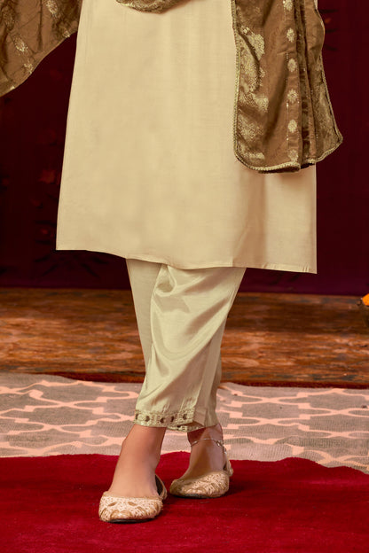 Ashima Beige Hand Zari and Dori Embroidered Suit Set with Bead Detailing in Pure Muslin with Pure Cotton Mul Lining