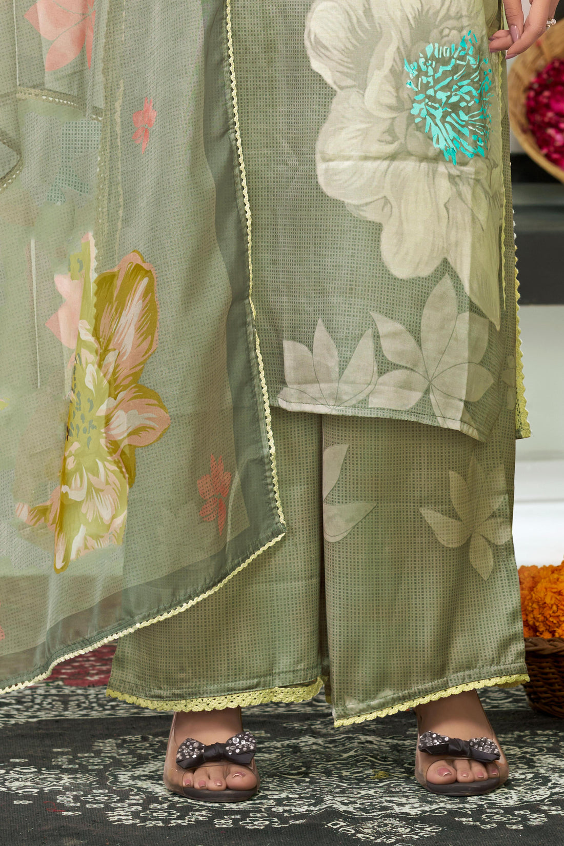 Farida Grey Floral Printed Kurta Set with Dupatta featuring Handcrafted Glass Bugle & Pearl Embellished Neckline, Satin Silk with Cotton Mul Lining
