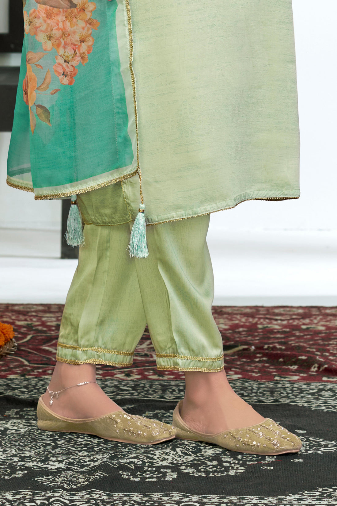Tasneem Teal Floral Hand-Embellished Kurta Set with Sequin Work & Lace Detailing in Satin Silk with Cotton Mul Lining, Paired with Dupatta
