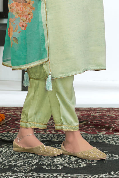 Tasneem Teal Floral Hand-Embellished Kurta Set with Sequin Work & Lace Detailing in Satin Silk with Cotton Mul Lining, Paired with Dupatta
