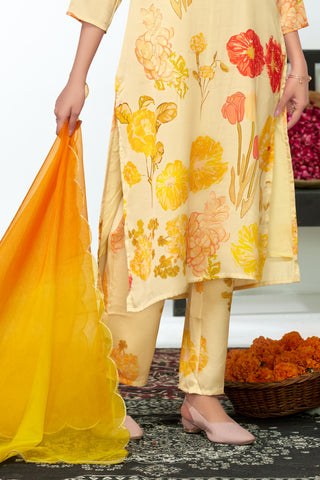 Malaika White Floral Printed Kurta Set with Handcrafted Sequin & Glass Bugle Floral Neck Embellishment in Satin Silk with Cotton Mul Lining and Dupatta