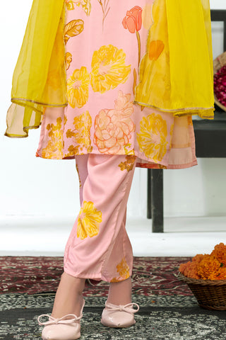 Malaika Pink Floral Printed Kurta Set with Handcrafted Sequin & Glass Bugle Floral Neck Embellishment in Satin Silk with Cotton Mul Lining and Dupatta