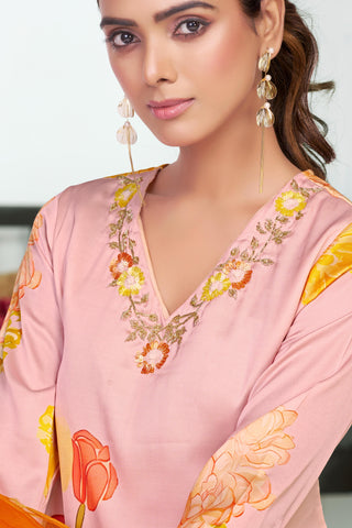 Malaika Pink Floral Printed Kurta Set with Handcrafted Sequin & Glass Bugle Floral Neck Embellishment in Satin Silk with Cotton Mul Lining and Dupatta