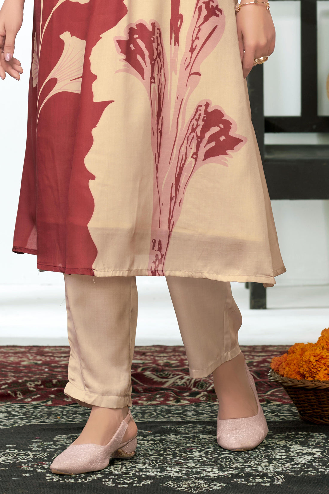 Arwa Brown & Beige Panelled Floral Printed Kurta Set with Hand Embellished Bugle & Sequin Placket in Satin Silk with Cotton Mul Lining