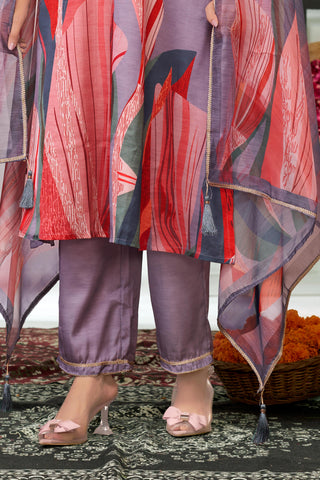 Shama Royal Purple Handcrafted Zardozi Zari Embroidered Satin Silk Kurta Set with Artistic Floral Printed Dupatta in Satin Silk with Cotton Mul Lining