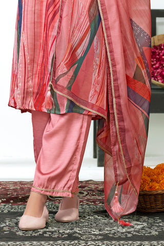 Shama Peach Handcrafted Zardozi Zari Embroidered Satin Silk Kurta Set with Artistic Floral Printed Dupatta in Satin Silk with Cotton Mul Lining
