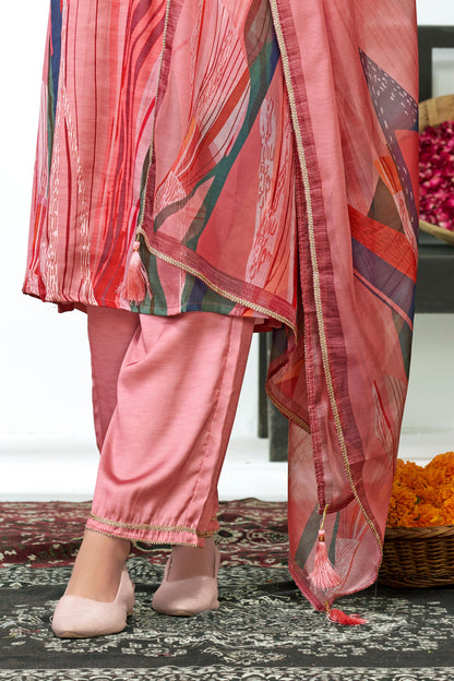 Shama Peach Handcrafted Zardozi Zari Embroidered Satin Silk Kurta Set with Artistic Floral Printed Dupatta in Satin Silk with Cotton Mul Lining