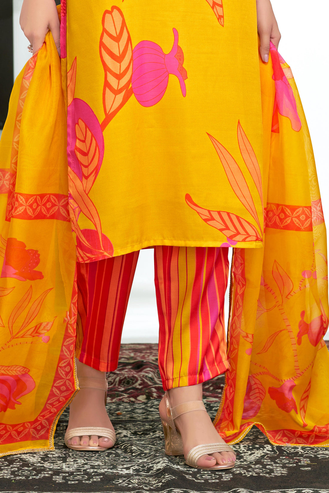 Rani Mustard Floral Printed Kurta Set with Hand Glass Bugle & Sequin Embellished Neckline and Printed Dupatta in Satin Silk with Cotton Mul Lining