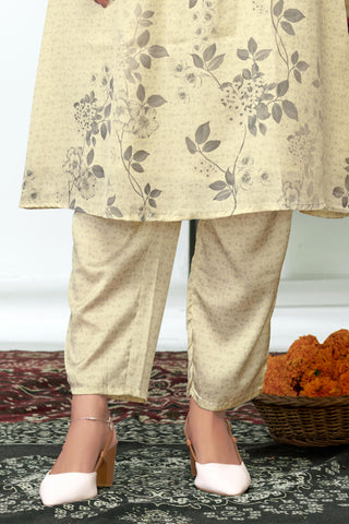 Reeva Off White Floral Printed Kurta Set with Glass Bugle, Pearl Hand Embellished Neckline in Satin Silk with Cotton Mul Lining