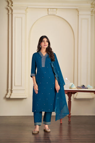 Ragini Teal Resham Thread & Sequin Embroidered Kurta Set with Sequin Dupatta in Chanderi Silk with Cotton Mul Lining