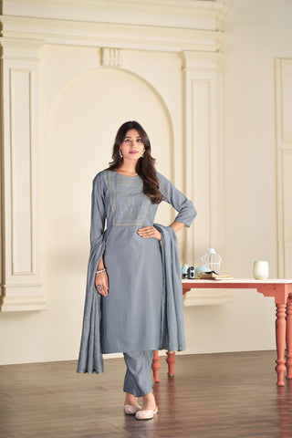 Aadvi Grey Handcrafted Sequin & Thread Embroidered Yoke Design Salwar Suit with Sequin Dupatta in Chanderi Silk with Cotton Mul Lining