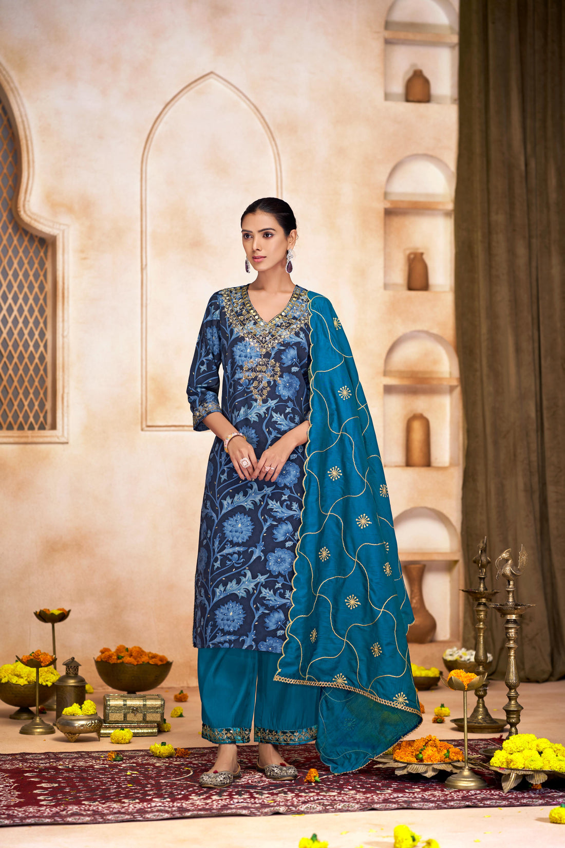 Rashmi Navy Hand Sequins and Bead Embellished Neckline and Zari Work Suit Set in Chanderi Silk with Pure Cotton Mul Lining