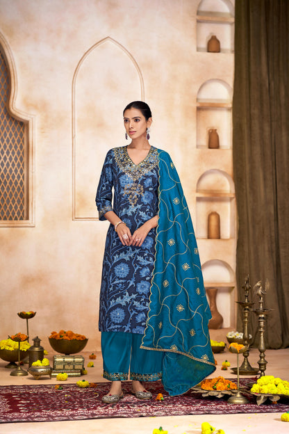 Rashmi Navy Hand Sequins and Bead Embellished Neckline and Zari Work Suit Set in Chanderi Silk with Pure Cotton Mul Lining