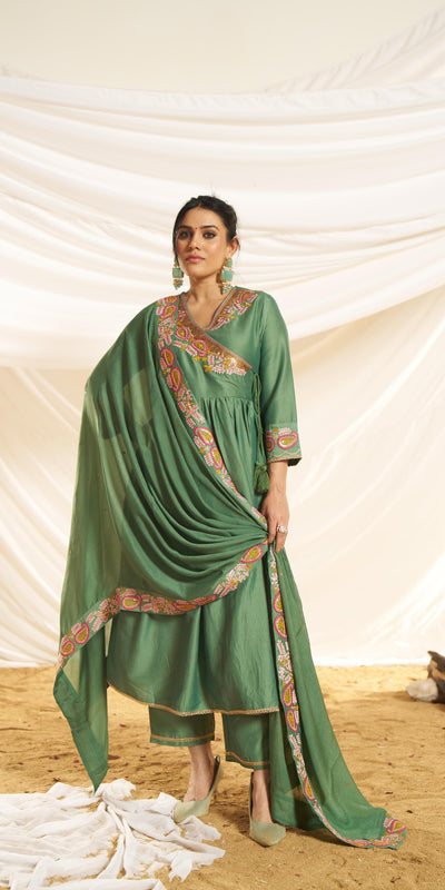 BulBul Women Green Embroidered Premium Silk Angrakha Pattern Flare Suit With Dupatta