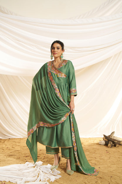 Kayra Green Paisley Hand-Embroidered & Coin Sequin Work Angrakha Suit Set in Chinnon Silk with Cotton Mul Lining