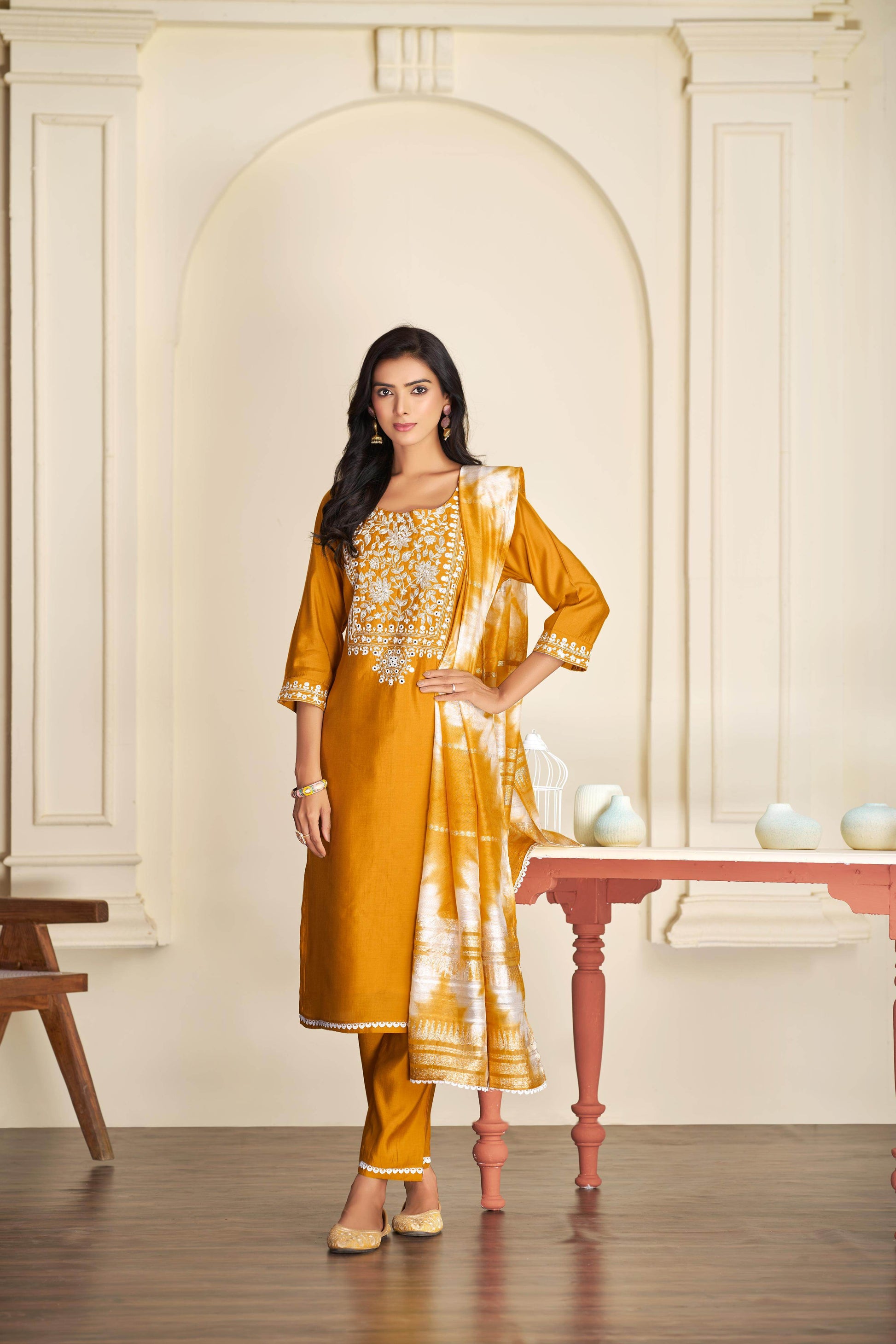 Shreya Silk Mustard Kurta Set with Dupatta - BulBul