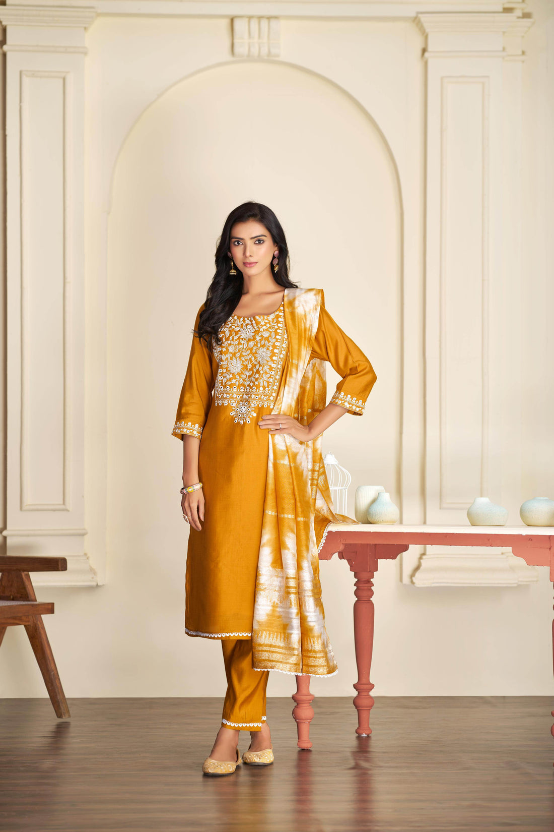 Shreya Silk Mustard Kurta Set with Dupatta - BulBul