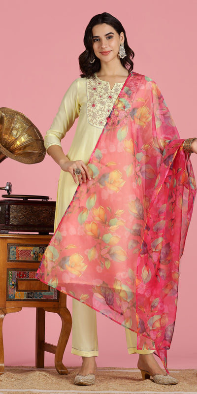 Women Butter Yellow Embroidered Chanderi Kurta Set with Dupatta