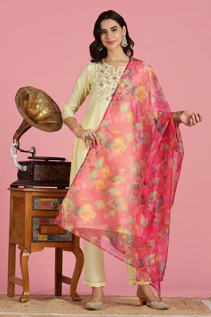 Butter Yellow Chanderi Silk Kurta Set with Resham Zari Floral Embroidered Yoke and Printed Organza Dupatta