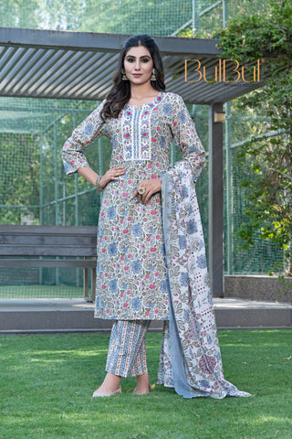 Pure Cotton Grey Printed Kurta Set with Intricate Thread Embroidery & Mirror Work Neckline with Dupatta