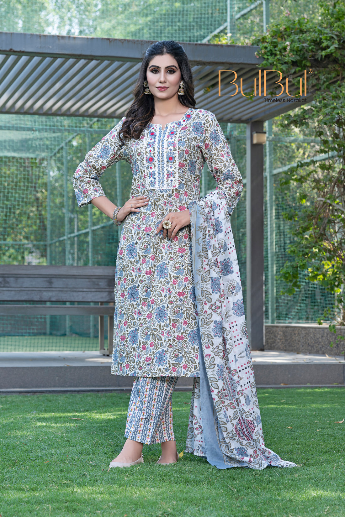 Pure Cotton Grey Printed Kurta Set with Intricate Thread Embroidery & Mirror Work Neckline with Dupatta