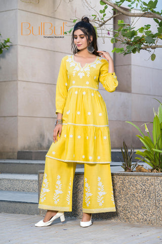 Dhawani Mustard Viscose Co-Ord Set with White Floral Thread Embroidery