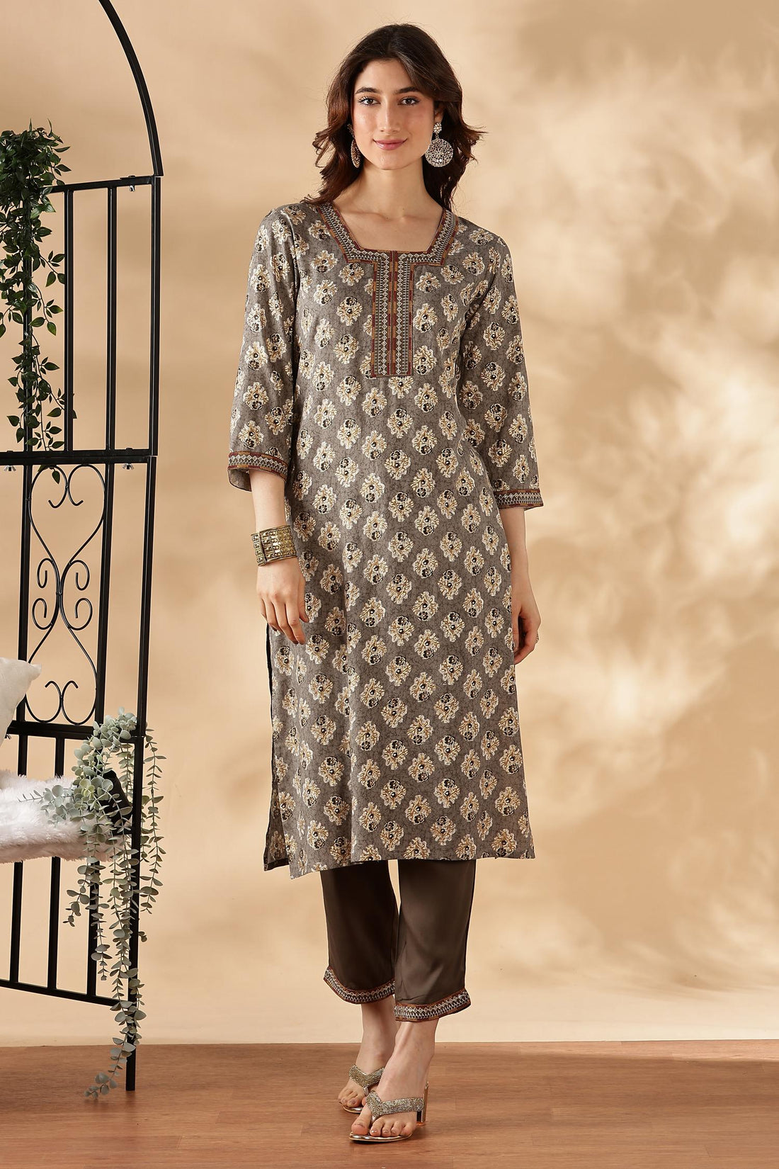 Shamaira Grey Ethnic Printed Salwar Suit with Thread Embroidered Neck Panel in Viscose