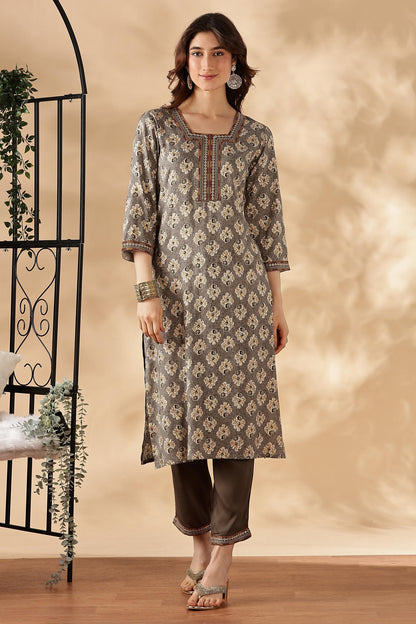 Shamaira Grey Ethnic Printed Salwar Suit with Thread Embroidered Neck Panel in Viscose