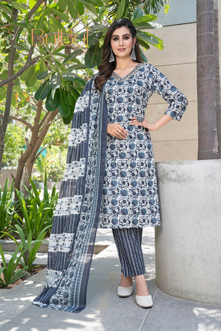 Pure Cotton Navy Floral Printed Kurta Set with Sequin Embellished Neckline & Dupatta