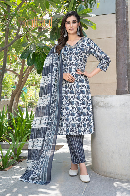 Pure Cotton Navy Floral Printed Kurta Set with Sequin Embellished Neckline & Dupatta