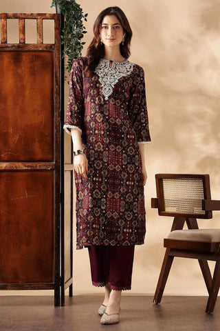 Anjali Wine Rayon Kurta Set with Dupatta - BulBul