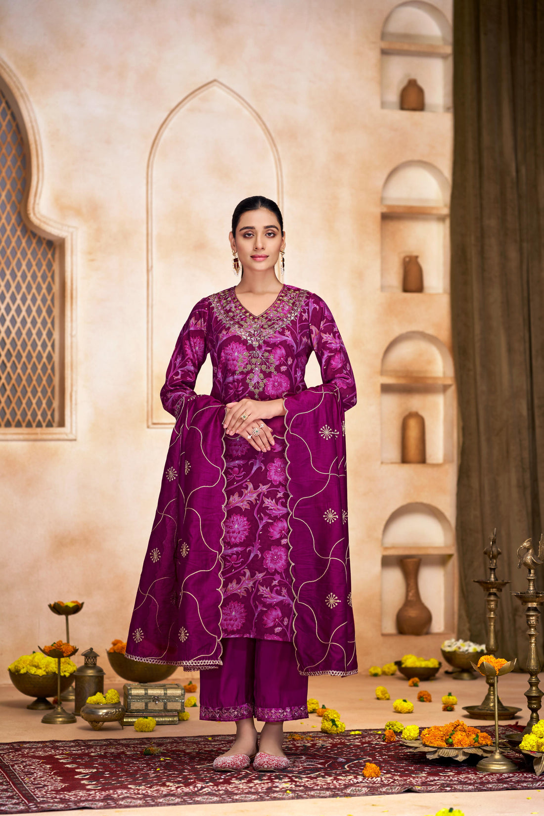 Rashmi Pink Hand Sequins and Bead Embellished Neckline and Zari Work Suit Set in Chanderi Silk with Pure Cotton Mul Lining