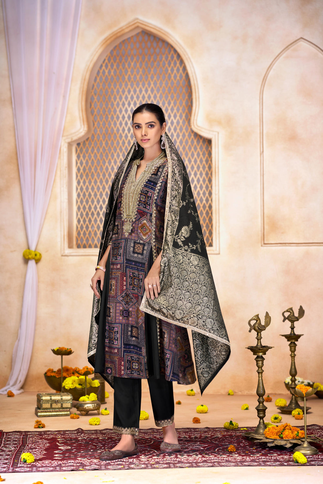 Rashmi Black Hand Thread & Sequins Embellished Suit Set with Zari Woven Jacquard Dupatta in Chanderi Silk with Pure Cotton Mul Lining