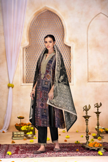 Rashmi Black Hand Thread & Sequins Embellished Suit Set with Zari Woven Jacquard Dupatta in Chanderi Silk with Pure Cotton Mul Lining