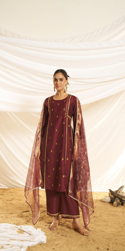 BulBul Women Kayra Maroon Embroidered Premium Silk Suit With Dupatta