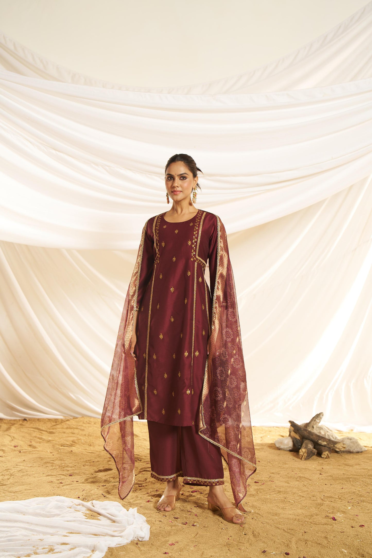 BulBul Women Kayra Maroon Embroidered Premium Silk Suit With Dupatta